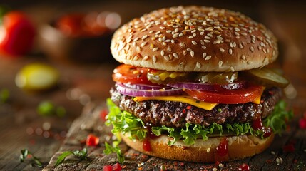 Wall Mural - Delicious Gourmet Cheeseburger with Fresh Vegetables on Rustic Wooden Table Background