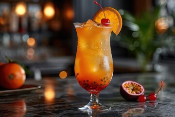 A hurricane cocktail in a tall glass, with rum, passion fruit juice, orange juice, and grenadine, garnished with an orange slice and cherry. 