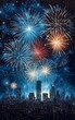 © Mind - Vibrant city skyline illuminated by colorful fireworks display against a starry night sky, celebrating a festive occasion with dazzling lights.