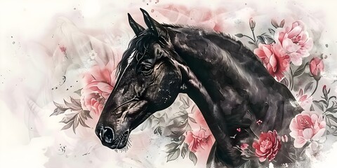 Wall Mural - Watercolor-style hand-drawn portrait of a black horse with flowers on a white background. Concept Horse Portrait, Watercolor Style, Hand-drawn, Black Horse, Floral Accents, White Background