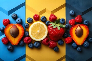 Wall Mural - Vibrant Fruits Display Featuring Strawberries, Lemon, Peaches, Blueberries, and Raspberries on Geometric Background - Perfect for Summer Poster Design