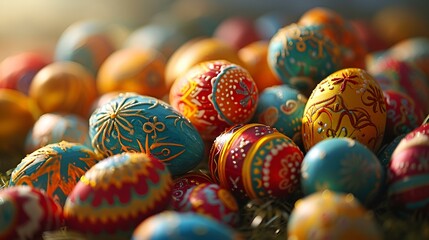 Many colorful painted eggs arranged on grass, creating a vibrant display of Easter decorations.

