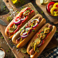 Wall Mural - Gourmet Hot Dogs with Various Toppings
