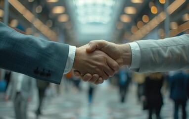 Two Businessmen Shake Hands in a Busy Convention Hall