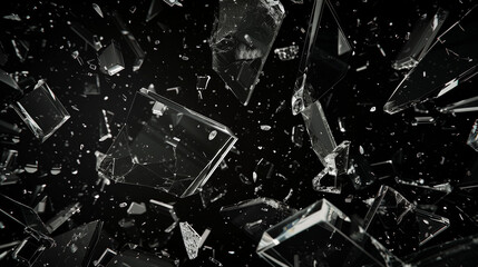 In the dark, there is an explosion of broken glass fragments flying in all directions. The background color should be black to highlight the shattered pieces. In some places, crystal shards can also a