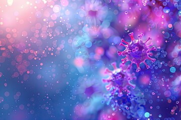 Wall Mural - A colorful background with a virus in the foreground. The background is a mix of blue and purple with a few pink spots. The virus is purple and has a round shape