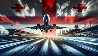 A passenger plane takes flight against a backdrop of the Georgia flag, symbolizing aviation and international travel