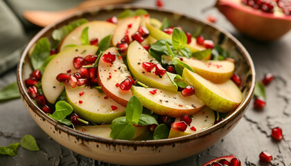 Wall Mural - Tasty salad with pear slices and pomegranate seeds on table, closeup