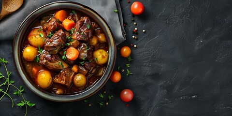 Wall Mural - Slow-Cooked South African Oxtail Stew with Baby Gold Potatoes, Carrots, and Mushrooms. Concept Slow Cooking, South African Cuisine, Oxtail Stew, Comfort Food, Hearty Meal