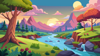 Wall Mural - natural river and hill background vector illustration