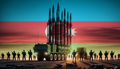 Silhouetted soldiers stand ready as a missile launcher stands tall against the backdrop of the Azerbaijan flag, representing national defense and security