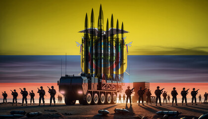 Silhouetted soldiers stand ready as a missile launcher stands tall against the backdrop of the Ecuador flag, representing national defense and security