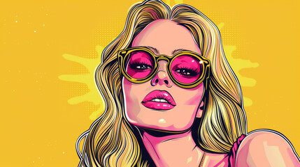 Wall Mural - Portrait of a beautiful young blonde woman in sunglasses, in pop art style.