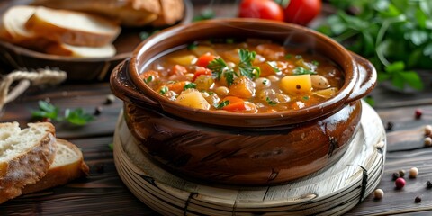 Wall Mural - Vegetable and Potato Cabbage Soup Cooked in a Clay Pot served with Bread. Concept Vegetarian Soup, Clay Pot Cooking, Homemade Bread, Vegetable Dish, Comfort Food