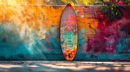 Vibrant Surfboard Leaning Against Colorful Graffiti Wall in Tropical Sunshine