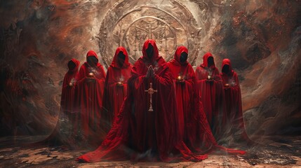 Wall Mural - A group of red hooded figures are holding lit candles and a cross