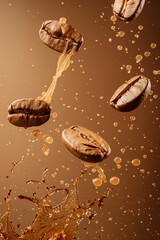 Poster - Flying milk coffee and coffee beans