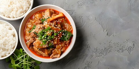 Wall Mural - Korean Kimchi Stew with Pork, Vegetables, and Side of Rice. Concept Korean Cuisine, Kimchi Stew, Pork Recipe, Vegetarian Meal, Rice Side Dish