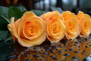 Canvas Print - Four yellow roses are sitting on a table with water droplets on them