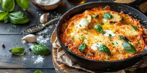 Canvas Print - Eggplant Parmesan with Melted Cheese and Herbs Cooked in a Skillet. Concept Eggplant Parmesan, Melted Cheese, Herbs, Skillet Cooking, Vegetarian Dish