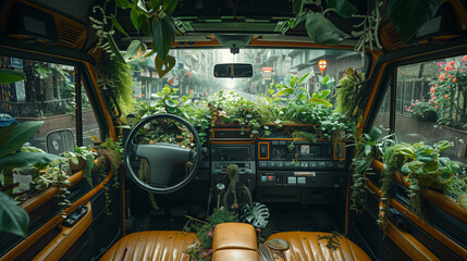 Wall Mural - Car cab interior covered with plants