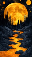 Poster - A painting of a river with a large orange moon in the background