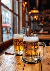 Golden Beer in Transparent Mugs on a Wooden Table at a Cozy Pub