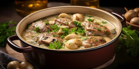 Sticker - Capturing a traditional French dish Blanquette de Veau (Veal Blanquette). Concept French Cuisine, Veal Blanquette, Food Photography, Traditional Dish, Culinary Art