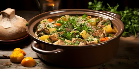 Wall Mural - Veal stew in clay pot with vegetables and herbs on wooden table. Concept Cooking, Veal Stew, Clay Pot, Vegetables, Herbs, Wooden Table