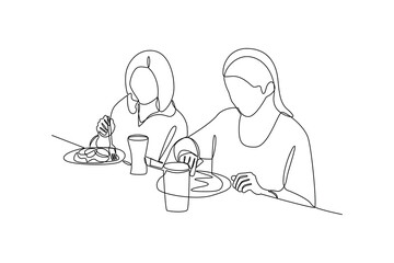 Continuous one line drawing young woman dinner with his friend. Family having meal around kitchen table together. Dinner minimalist concept. Single line draw design vector graphic illustration