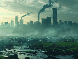 A city with smoke and pollution in the air. The waters are polluted by toxic products.