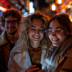 Canvas Print - happy friend having fun in the city with phone