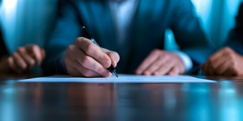 Signing Documents in a Business Meeting with Multiple Participants. Concept Business Etiquette, Document Signing, Meeting Protocol, Legal Agreements, Office Procedures