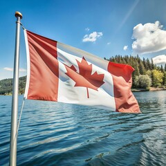 A Canadian flag is flying on a pole in front of a body of water