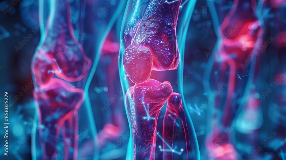3D rendering of human knee joints with a glowing effect, highlighting ...