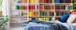 © Samon - A cozy bedroom with a bookshelf filled with colorful books, isolated on white background, showcasing a relaxing and intellectual space, copy space