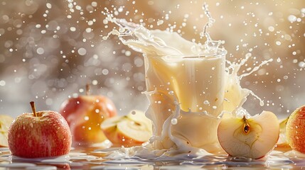 Wall Mural - Assorted apples and milk spilling on a milk glass on a table with more things encircling it on a solid backdrop with a wide content space and a splattering effect, Generative AI.