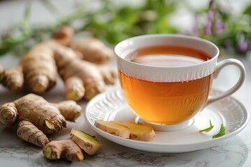 Wall Mural - On a white table, a ginger tea set with finely chopped ginger and lemon is arranged against a background of blurred writing space for promotion, Generative AI.