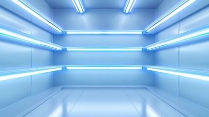 futuristic empty room with bright blue neon lights and reflections, suggesting a sci-fi, modern, and