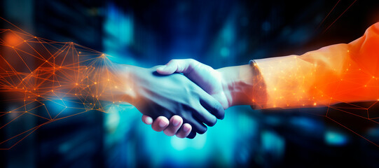Two business people shaking hands with digital technology in the background, concept of AI and artificial intelligence. blurred blue orange light, futuristic city background