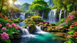 © Fukuro - a beautiful paradise land full of flowers rivers and waterfalls a blooming and magical idyllic eden garden