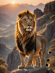 Wall Mural - A majestic lion in its natural habitat during the golden hour. The lion is standing atop a rock, looking into the distance as the sun sets, casting a golden hue over the scene.