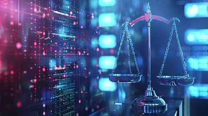 digital law concept Legal Scale at Data Center Abstract background space,scales of justice Strong defense system command concept.