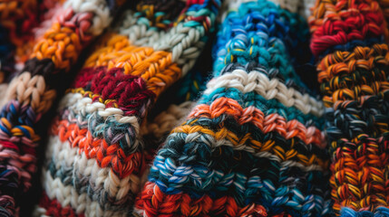 Homemade knit sweater. Colorful and Macro. Hobby. Pattern Close Up