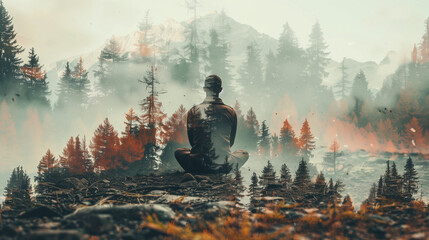 Silhouette of Man (Person). Background is Nature Mountain Forest Trees Autumn Landscape. Sky and Cloud, Fog, Shadows. Depression, Feeling, Emotion, Sad. Transparency Double Exposure Style  