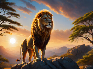 Wall Mural - A majestic lion in its natural habitat during the golden hour. The lion is standing atop a rock, looking into the distance as the sun sets, casting a golden hue over the scene.