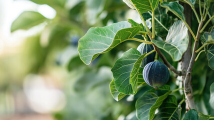 Wall Mural - Closeup of fig growing on tree with lush green leaves. Natural sunlight highlights ripening fruit intricate leaf veins and textured fig skin in garden setting creating fresh and organic atmosphere