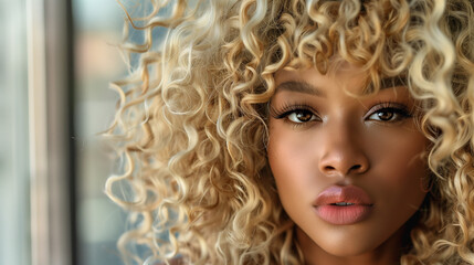 Wall Mural - Portrait of Woman with Blond Curly Hair 