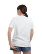 © New Africa - Woman in stylish t-shirt on white background, back view