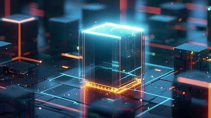 Futuristic Digital Blockchain Concept with Glowing Cubes and Neon Lights in a High-Tech Environment